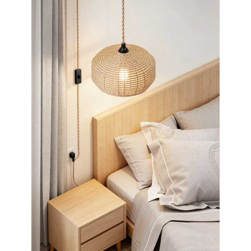Luminaire suspendu en rotin avec cordon réglable - Lampe de base E26 / E27 pour le salon, la chambre à coucher, la cuisine, aucun câblage requis