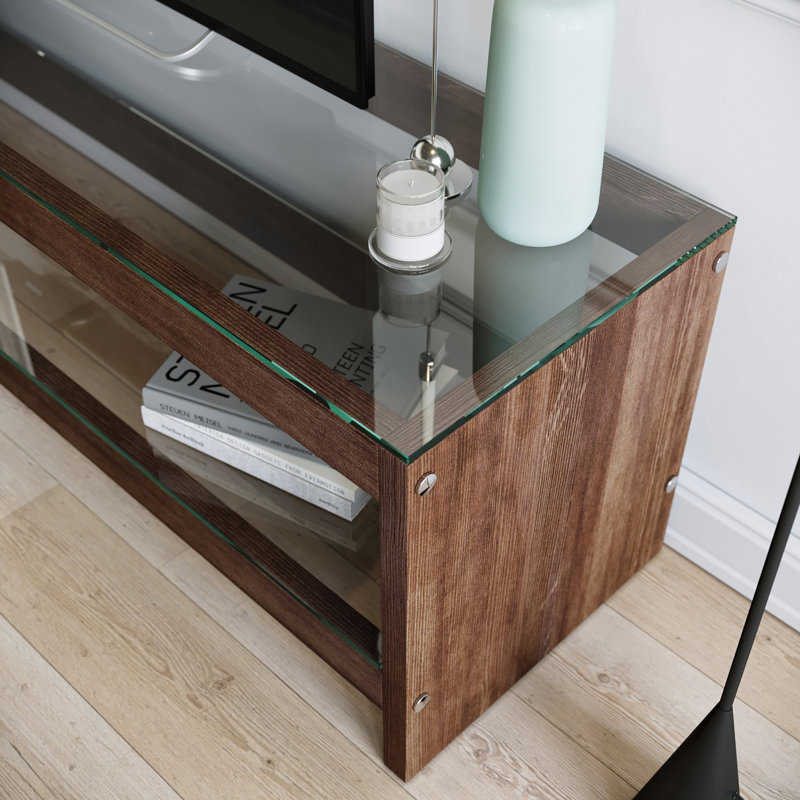 Modern TV Stand, Walnut Color, 55.1 x 17.7 x 15.7 inches | 100% Solid Pine Wood, 8 mm Thickness, 100% Tempered Glass Frame | Features Multiple Shelves, Wall-Mountable Design | Stylish and Functional Home Entertainment Solution