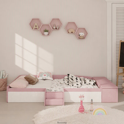 Lit de jour très grand rembourré en velours avec escalier, repose-pieds avec rangement à vérin à gaz et garde-corps rembourrés, rose et blanc, lit de jour multifonctionnel pour la famille