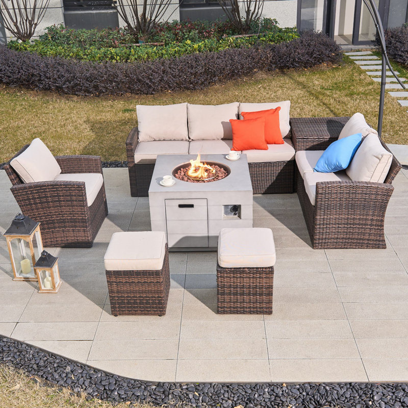 Small firepit with 1403B Wicker 8 - Person Patio Conversation Set with Cushions