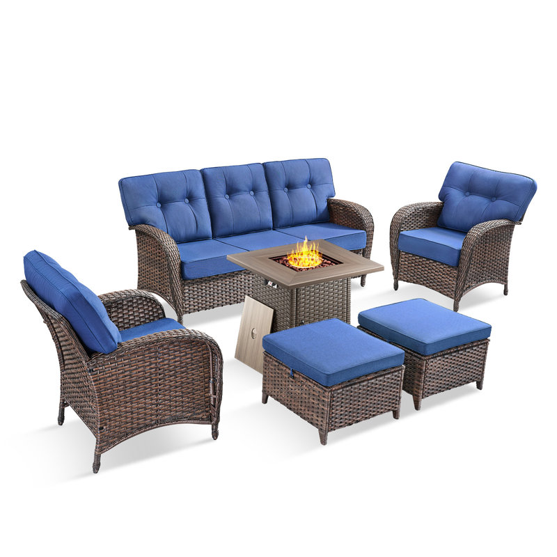 Fiorillo 6-Piece Outdoor Wicker Patio Conversation Set With Square Fire Pit Table And Lounge Chairs, Blue