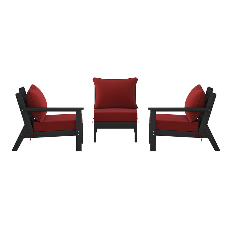 3-Piece Deep Seating Set With Cushions, Black, Red