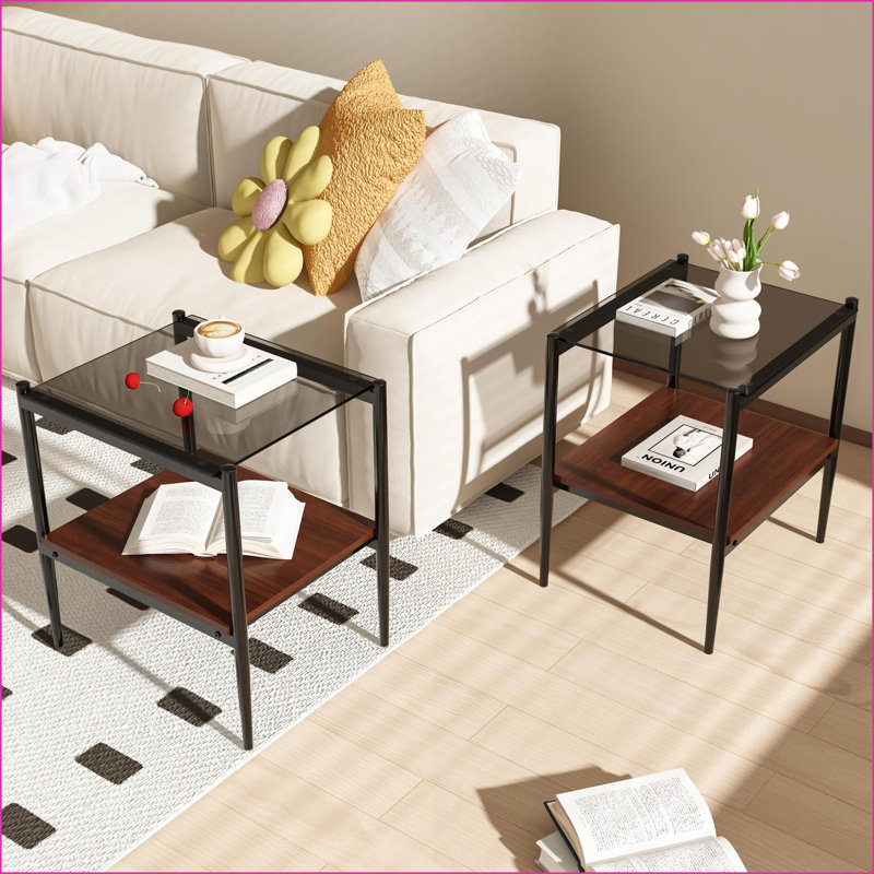 Table basse grise en verre trempé avec pieds en fer, surface facile à nettoyer et rangement peu encombrant pour le salon