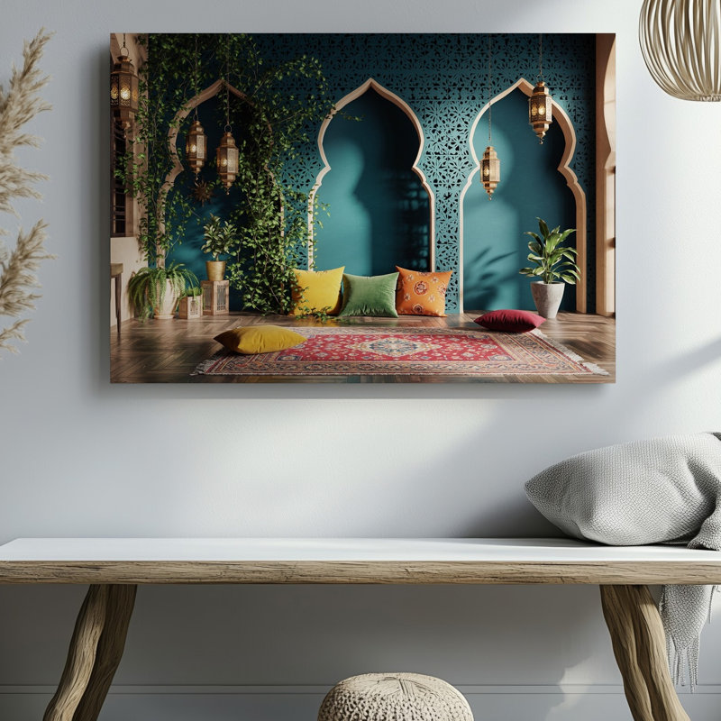 Toile, scène intérieure marocaine vibrante avec un fond d'art mural richement décoré avec des arches complexes et un art mural sur toile luxuriante
