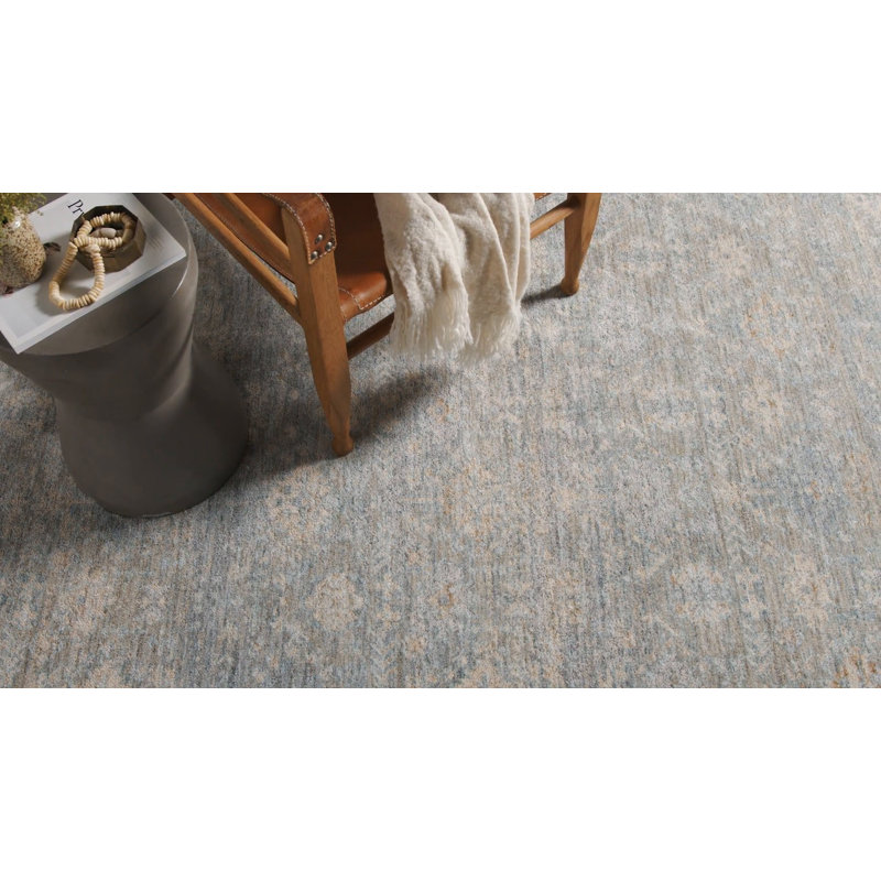 Sky and Beige Distressed Polyester Runner Rug with Fringe