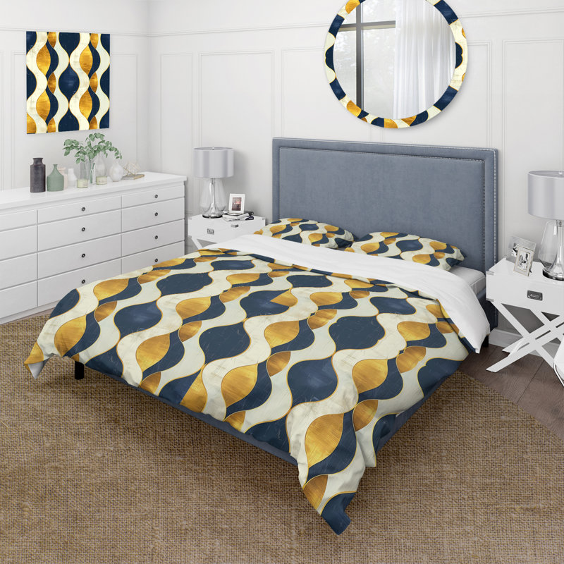 Ensemble de housse de couette Gold Ogee Print - Midcentury, Housse de couette simple + 2 taies décoratives st