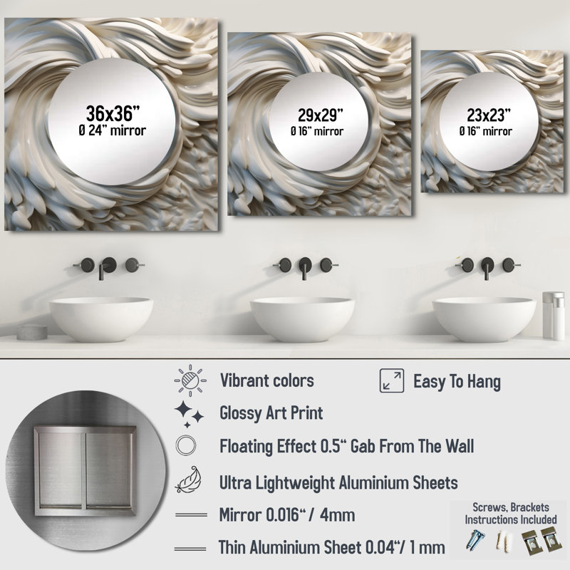 Elga - Nébuleuse spirale crème I, spirale abstraite, grand miroir mural carré pour chambre à coucher, 29 po x 29 po