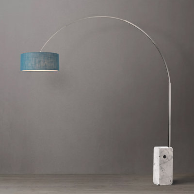 Iconic 95" Arc Lamp - Mid-Century Modern, Satin Nickel Steel, White Marble Base, Turquoise Linen Drum Shade, Dimmable, Reach