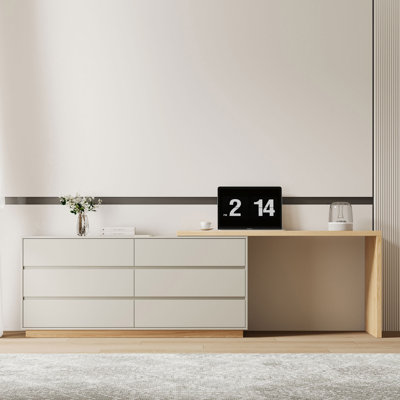 Extending L-Shape Desk with 6-Drawer Unit, Oak Effect Top and Light Grey Finish Fast Dispatch From UK Warehouse – Dispatched Within 2 Days