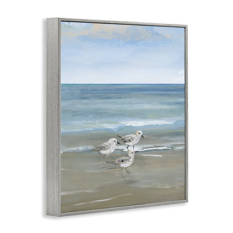 Trois oiseaux de rivage et des vagues douces, estampe numérique, design par Nan, Giclée de ferme grise encadrée