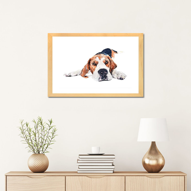 « Beagle Play Time » par Edwatercolours-impression, H 16 po x l 24 po x P 1 po, Toile avec cadre en bois beige, Blanc