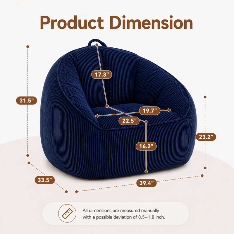 Fauteuil à billes surdimensionné en velours côtelé pour adultes avec accoudoirs, Bleu