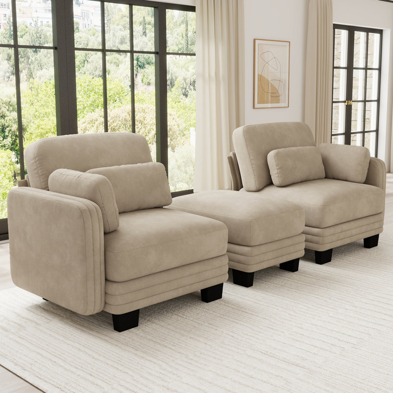 Causeuse en chenille, capitonnée, modulaire, 2 pièces, causeuse avec repose-pieds mobile, chameau, coussins en mousse haute résilience
