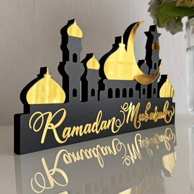 Ramadan Mubarak Decor | Premium Islamic Tabletop Ornament With Crescent Moon & Mosque Silhouette