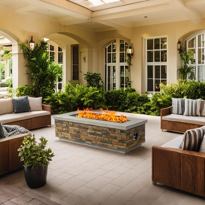 18“ H x 60" W Rectangular Outdoor Natural Gas Fire Pit Table in Faux Stone and Concrete Top 60000BTU