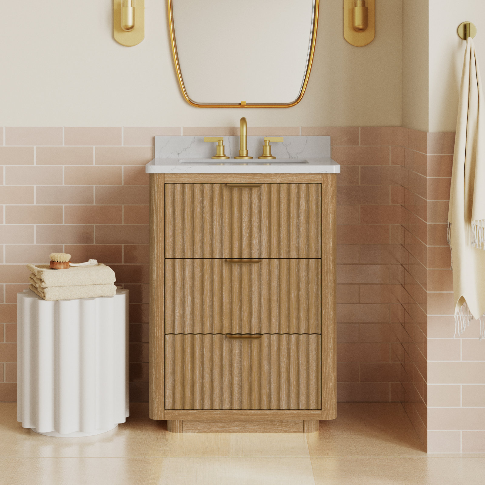 Adela 24'' Single Bathroom Vanity, White, Gold, Brown