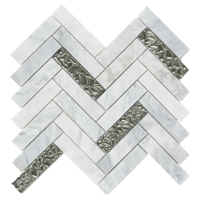 1" x 4" Straight Edge Natural Stone Herringbone Mosaic Tile, Calacatta White/Silver