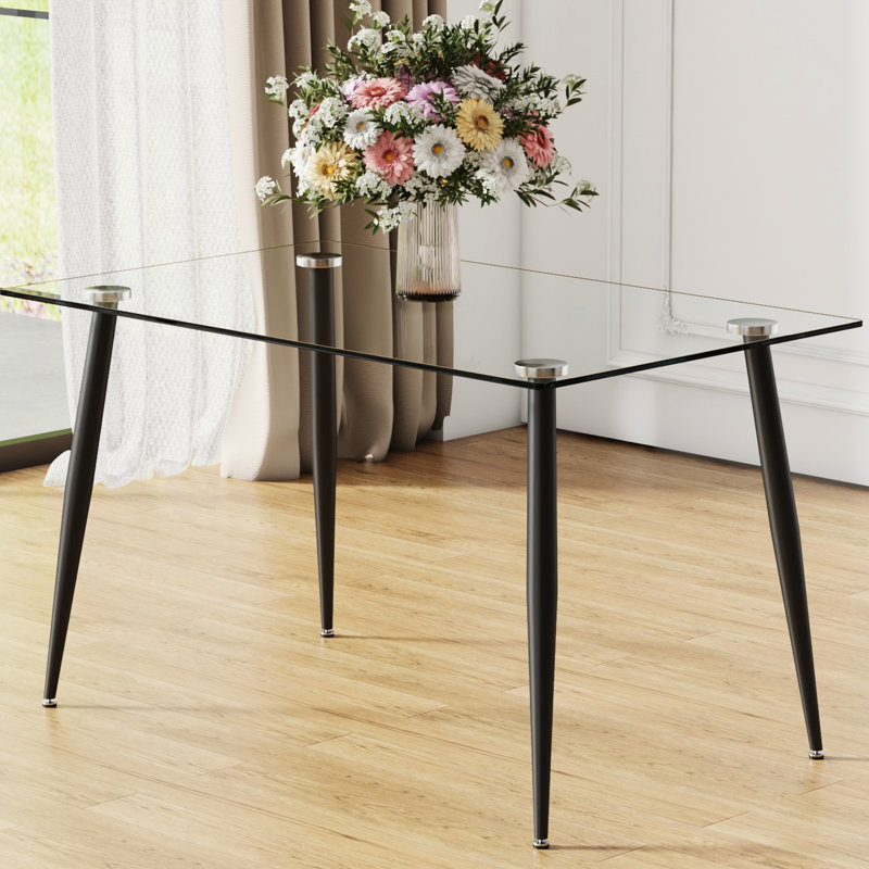 Tempered Glass Table With Strong Black Metal Legs, Seats 4-6, Easy To Clean And Install, Suitable For Diverse Room Settings Modern Leg Supports, Seating Different Spaces