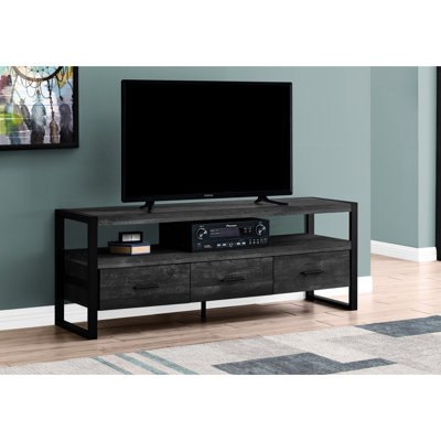 Meuble télé contemporain, console de 60 po, tiroirs de rangement, stratifié noir et métal, meuble multimédia pour télé de 80 à 89 po, support de salon avec rangement, ameublement de chambre à coucher