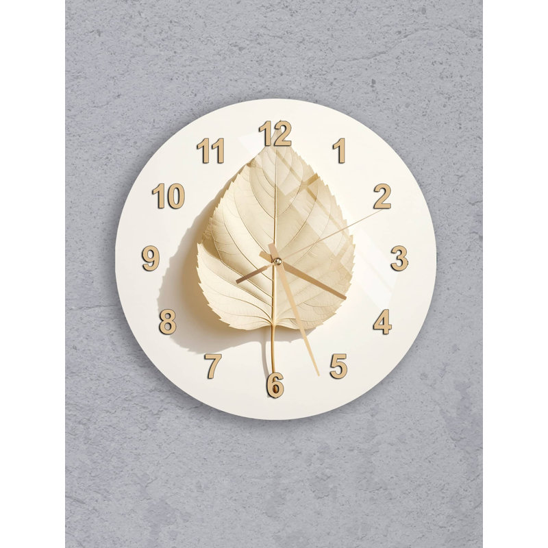 Tempered Glass Wall Clock with Leaf Design, Modern Minimalist Botanical Home Decor, Large Beige Circular Timepiece for Kitchen or Office