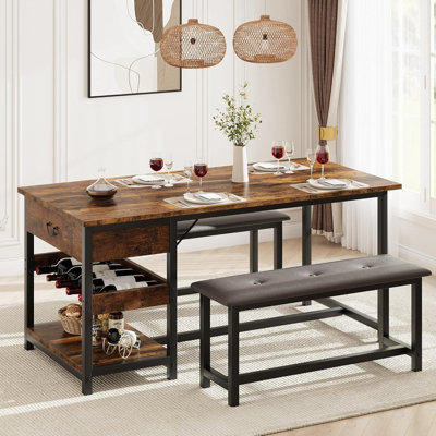 Dining Table Set for 4 with Upholstered Benches – Kitchen Dining Room Table with Storage Drawers & Wine Rack, Ideal for Small Spaces by Millwood Pines
