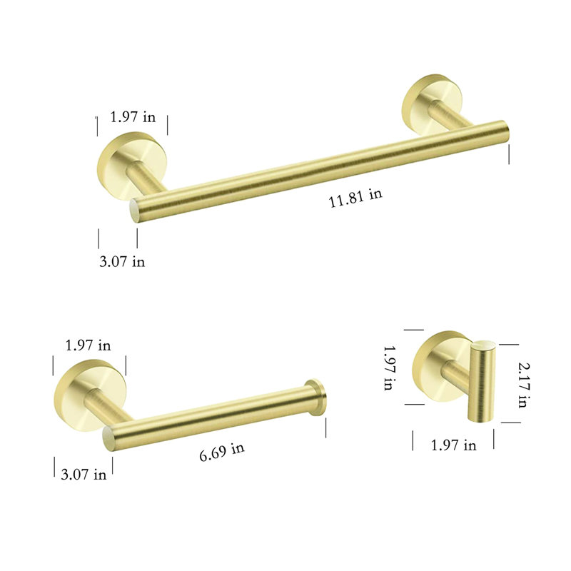 Gold Bathroom Hardware 3 - Sus304 Stainless Steel. Rustproof Bath Accessories. Towel Bar, Toilet Paper Holder, Robe Hook. Modern Round Shape With Scratch- Finish. Easy Installation Included Mounting
