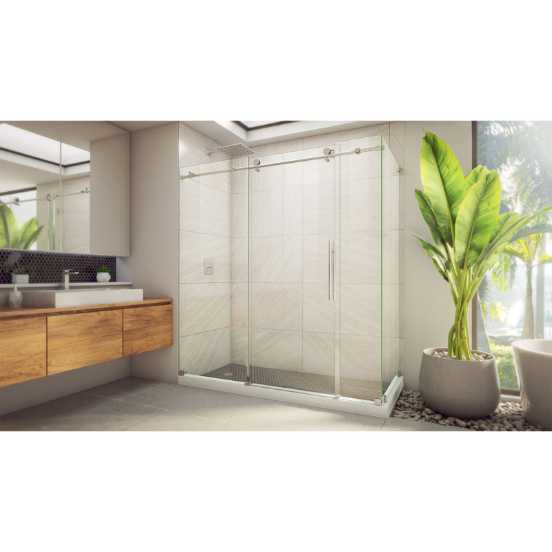 72.38" W x 32.5" D x 76" H Frameless Rectangle Sliding Shower Enclosure, Brushed Stainless Steel