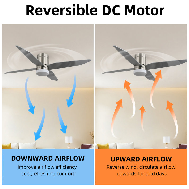52" Contemporary Flush Mount Ceiling Fan with LED Light, 4 Reversible Wood Blades, DC Motor, Remote Control, Dimmable & Color Adjustable Lighting for Bedroom or Living Room