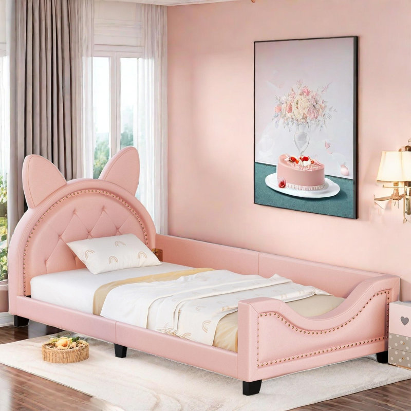 Upholstered Daybed With Carton Ears Shaped Headboard, Button Tufted Design And Copper Nail, Pink