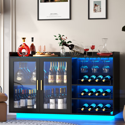 47.24" Floting Wine Bar Cabinet With Led Lights, Black Kitchen Coffee Bar With  Glass Doors, Wine Glass Holders, Removable Wine Racks, Storage Shelves