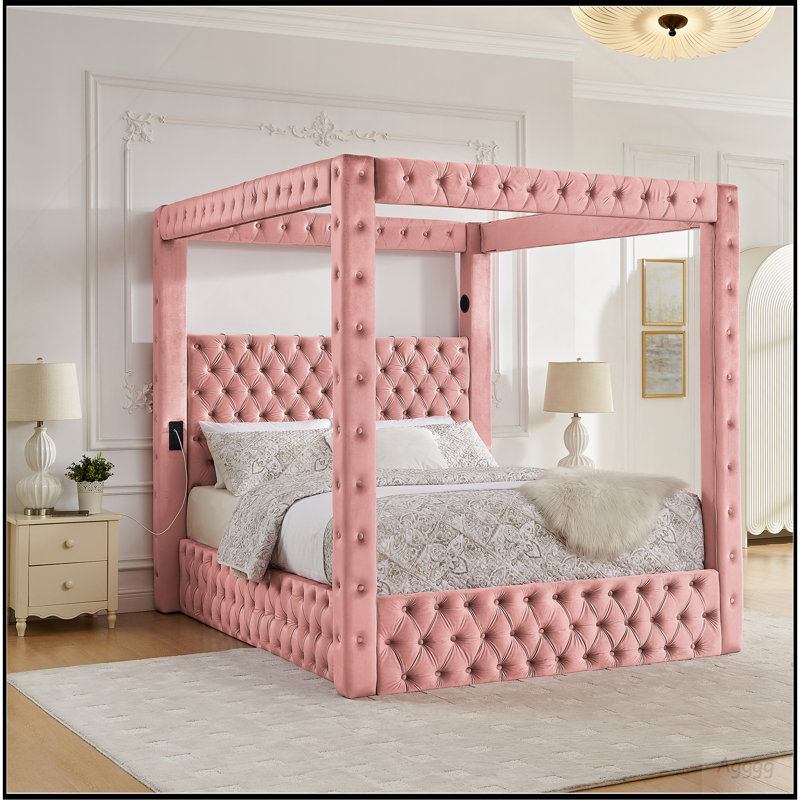 Structure de lit à baldaquin grand lit, lit plateforme tapissier en velours avec tête de lit capitonnée, haut-parleur Bluetooth intégré, ports de charge USB-A et USB-C, sommier robuste, rose