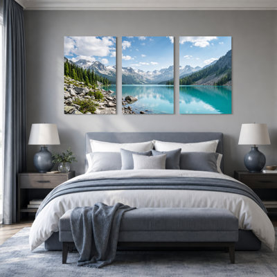 Lac de montagne, art sur toile tendue, ensemble de 3 reproductions de peintures à l'huile pour salon