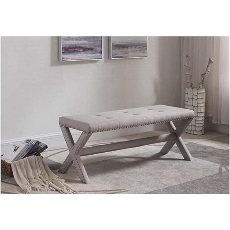 Glam Accent Bench With Nailhead Trim, Tufted Seat, Upholstered For Bedroom And Living Room Elegance, Gray
