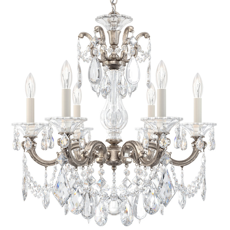 La Scala 6 Light 23in x 25in Chandelier in Parchment Gold with Clear Radiance Crystals, Czech, Antique Silver