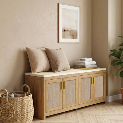 Boho Entryway Storage Shoe Bench with Adjustable Shelf,Cushion