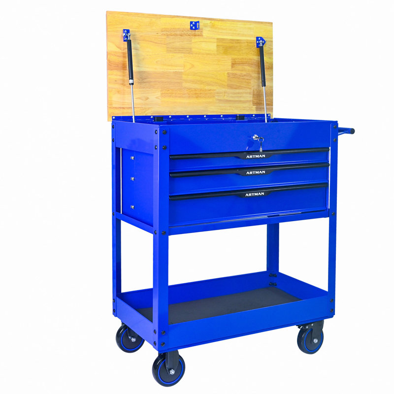Chariot à outils multifonctionnel à 3 tiroirs avec roulettes et plateau en bois, Bleu