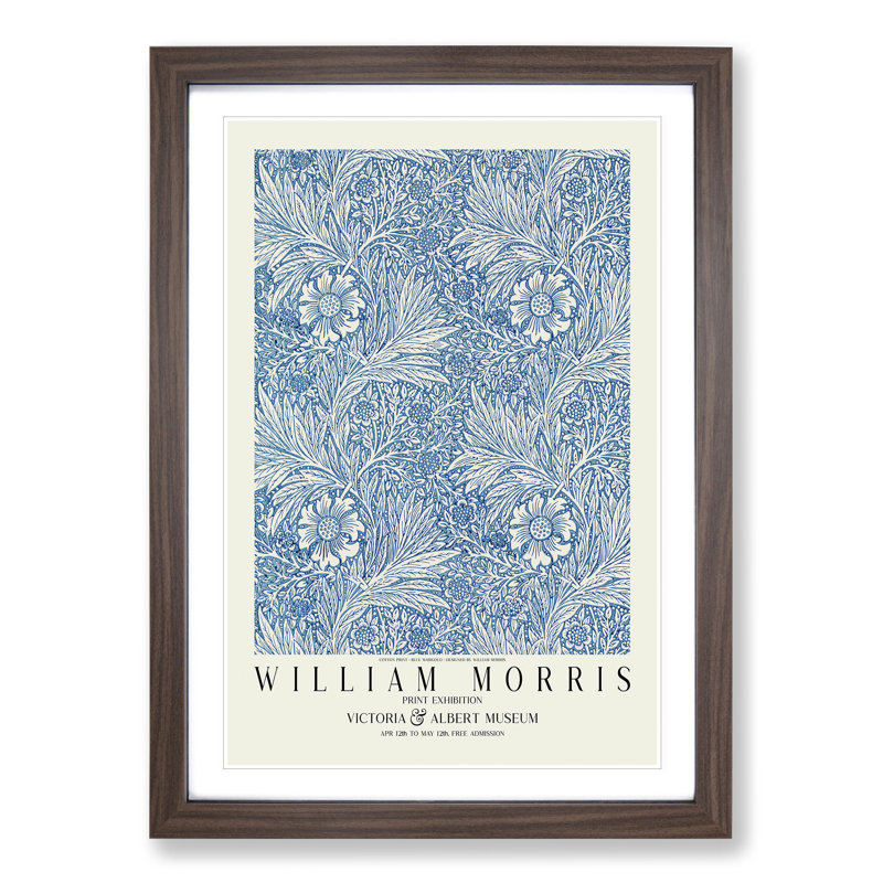 Blue Marigold with Border by William Morris - Picture Frame Painting on MDF, 65cm H x 48cm W x 2cm D, Walnut Framed