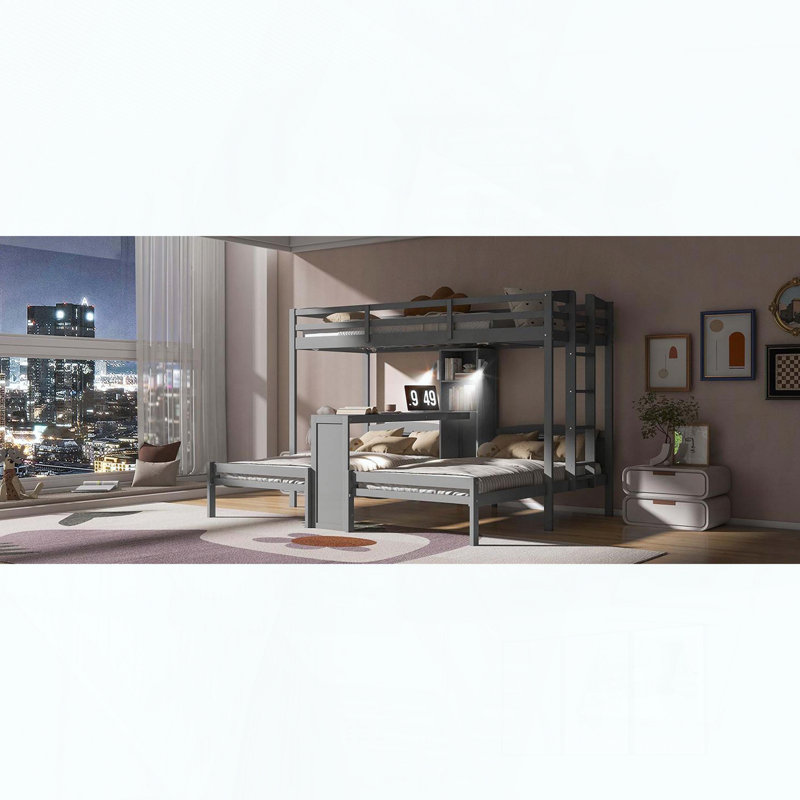 Lit superposé avec bureau intégré, tablettes de rangement et lampe de lecture, 3 lits en 1 pour économiser de l'espace et la multifonctionnalité