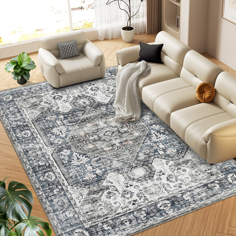 Vintage Boho Persian Area Rug, Soft Low Pile Washable Floor Carpet for Bedroom, Living Room, Rectangle 9' x 12'