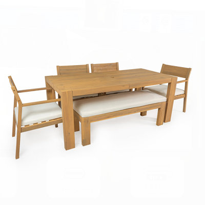 Ensemble de table de salle à manger rectangulaire de 71 pouces pour 6 personnes avec trou pour parasol, coussins résistants aux intempéries et fabrication en bois d'acacia pour une utilisation dans la cour, le jardin ou la piscine.