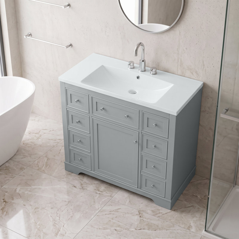 Meuble-lavabo moderne gris sur pied de 91 cm (36 po) en bois massif et MDF, avec lavabo simple en céramique, 6 tiroirs, armoire et quincaillerie complète.