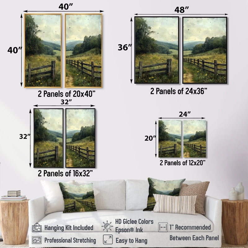 Green Peaceful Valley II - ferme, paysage mural, décoration murale, 2 pièces, H 36 po x l 48 po, Doré