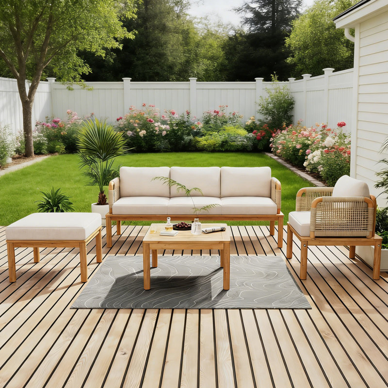 Abdel 5-Person Outdoor Acacia Wood Conversation Set With Cushions And Table