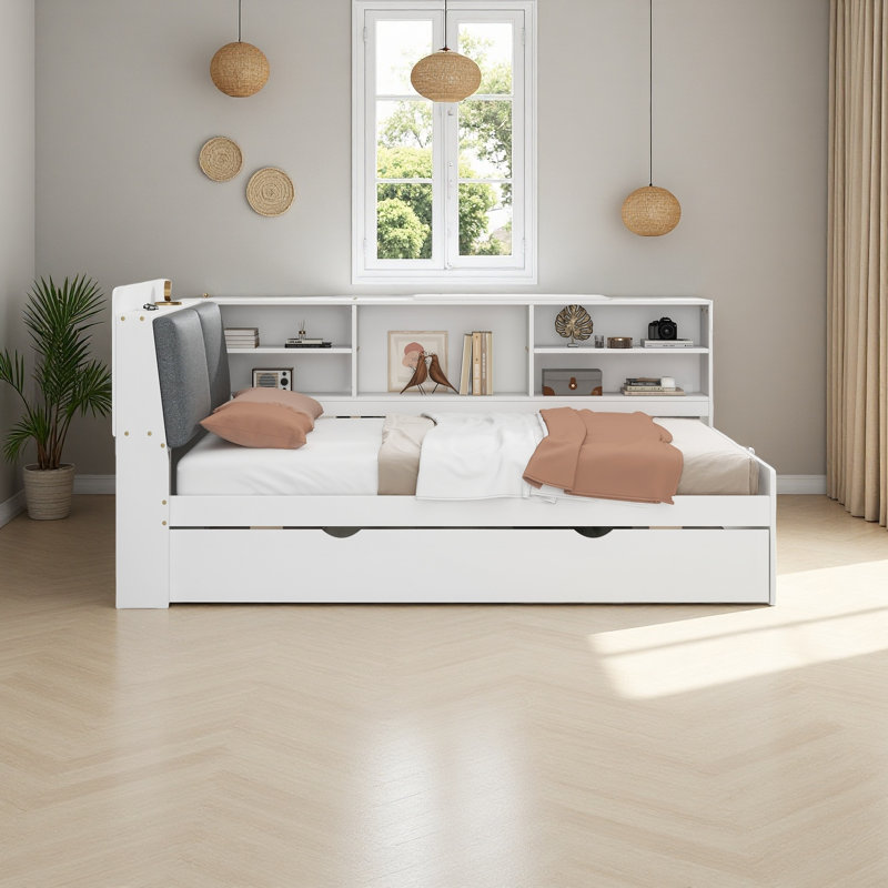 Lit plateforme, tablettes et tête de lit en bois, Blanc / Gris, Lit simple