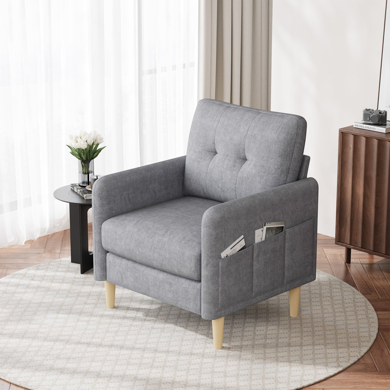 Fauteuil capitonné moderne en chenille avec poches de rangement l 31 po George, Gris clair