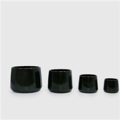 Handmade Solid Glazed Ceramic Planter Set of 4, 14/11/9/7 Inch Diameter, Deep Green, for Succulents and Cacti, Outdoor Garden & Indoor Stairs Use, Breathable Clay with Drainage Holes