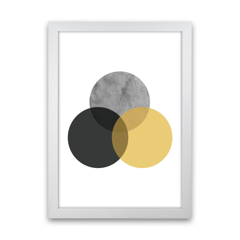 Geometric Mustard And Black Circles by Pixy Paper - Print, 84cm H x 59.4cm W x 3cm D, White Framed