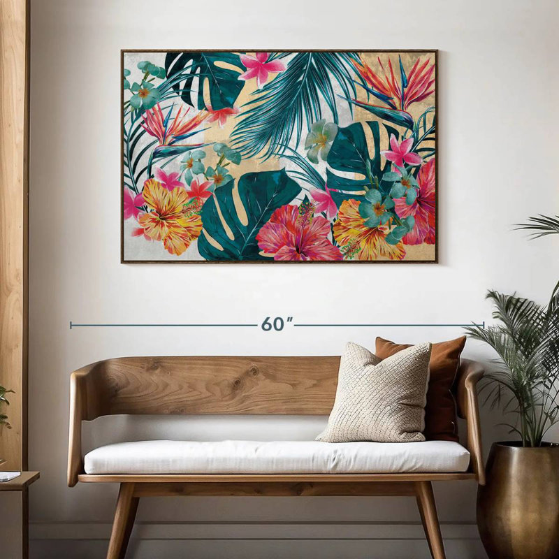 Flore tropicale, 46 po x 31 po, Cadre flottant en noyer