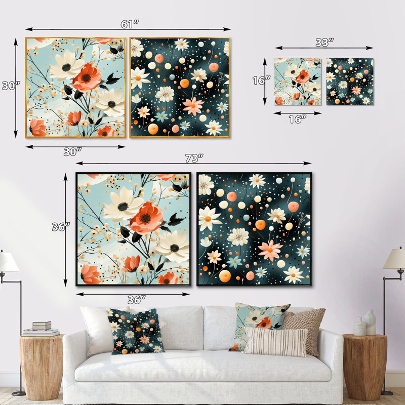 Byron - Ensemble de 2 collages carrés botaniques abstraits, Cadre flottant noir, H 16 po x l 33 po