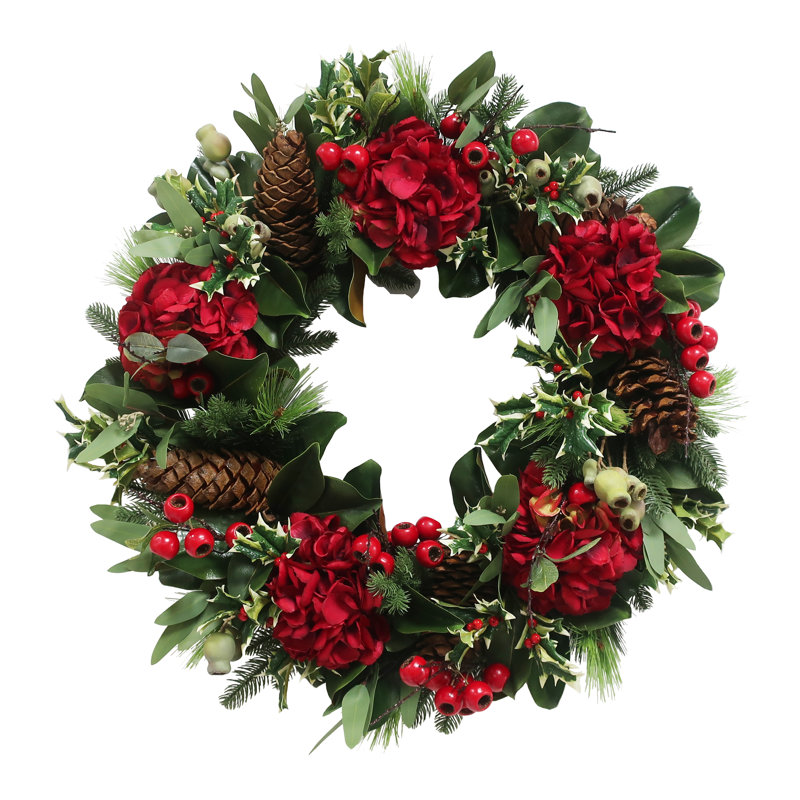 Couronne de Noël hortensia rouge, Rouge / Vert